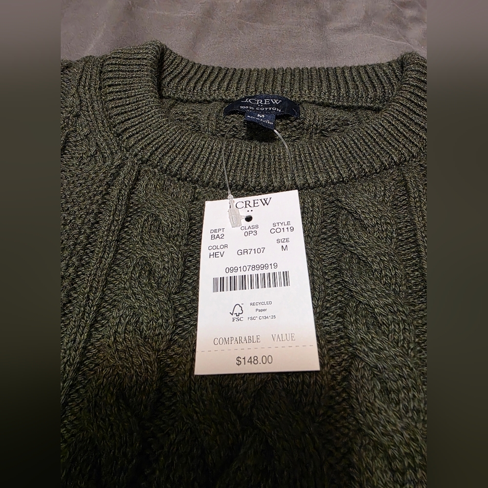 J. Crew Factory Green Cable Knit Crewneck Sweater - Picture 4 of 6